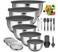 Wildone Mixing Bowls with Airtight Lids, 22 PCS Stainless Steel Mixing Bowls Set, 3 Grater Attachments, Measurement Marks & Non-Slip Bottom, Size 5, 4, 3, 2,1.5, 0.63QT, Ideal for Mixing & Prepping