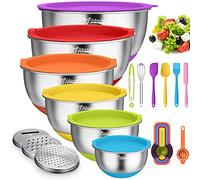 Wildone Mixing Bowls with Airtight Lids, 22 PCS Stainless Steel Mixing Bowls Set, 3 Grater Attachments, Measurement Marks & Non-Slip Bottom, Size 5, 4, 3, 2,1.5, 0.63QT, Ideal for Mixing & Prepping