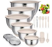 Wildone Mixing Bowls with Airtight Lids, 22 PCS Stainless Steel Nesting Bowls, with 3 Grater Attachments, Scale Marks & Non-Slip Bottom, Size 5, 4, 3, 2,1.5, 0.63QT, Ideal for Mixing & Prepping