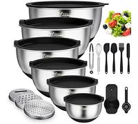 Wildone Mixing Bowls with Airtight Lids, 22 PCS Stainless Steel Nesting Bowls, with 3 Grater Attachments, Scale Marks & Non-Slip Bottom, Size 5, 4, 3, 2,1.5, 0.63QT, Ideal for Mixing & Prepping