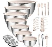 Wildone Mixing Bowls with Airtight Lids, 27 PCS Stainless Steel Nesting Bowls, with 3 Grater Attachments, Scale Mark & Non-Slip Bottom, Size 5, 4, 3, 2, 1.5, 1, 0.63QT, Ideal for Mixing & Prepping