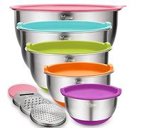 Wildone Mixing Bowls with Lids Set, 5PCS Stainless Steel Colorful Nesting Bowls with 3 Grater Attachments, Measurement Marks & Non-Slip Bottoms, Size 5, 3, 2, 1.5, 0.63 QT, Great for Mixing & Serving