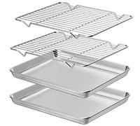Wildone Stainless Steel Baking Tray & Rack Set (2 Trays + 2 Racks), 10 x 8 x 1 inch, Silver, Aluminum Free, Chemical Free, Dishwasher Safe, Deep Sides, Versatile Use