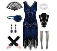 WILDPARTY 1920s Dresses for Women, Flapper Dress Lace Fan Fether Headband Sequins Beads Fringes 20s Accessories Vintage Mafia Costume BlackBlue 3XL
