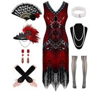 WILDPARTY 1920s Dresses for Women, Flapper Dress Lace Fan Fether Headband Sequins Beads Fringes 20s Accessories Vintage Mafia Costume BlackRed S