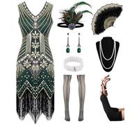 WILDPARTY 1920s Dresses for Women, Flapper Dress Lace Fan Fether Headband Sequins Beads Fringes 20s Accessories Vintage Mafia Costume BlackGreen S
