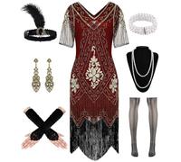 WILDPARTY 1920s Dresses for Women, Flapper Dress with Thin Sleeves Sequins Beads Fringes, 20s Accessories Vintage Mafia Costume Women's Carnival