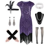 WILDPARTY 1920s Women Flapper Dresses Sequin Dresses Vintage Lace Fringed Cocktail Dress with 20s Accessories Set, Purple, Medium