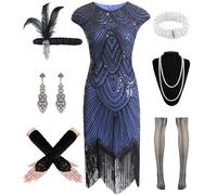 WILDPARTY 1920s Women Flapper Dresses Sequin Dresses Vintage Lace Fringed Cocktail Dress with 20s Accessories Set, Black-blue, XXL