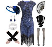 WILDPARTY 1920s Women's Flapper Dresses Sequin Fringe Beaded Cocktail Crew Neck Dress Roaring 20s Vintage Accessories BlackBlue-M