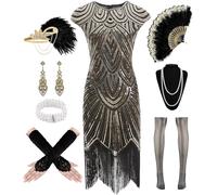 WILDPARTY 1920s Women's Flapper Dresses Sequin Fringe Beaded Cocktail Crew Neck Dress Roaring 20s Vintage Accessories BlackGold-M