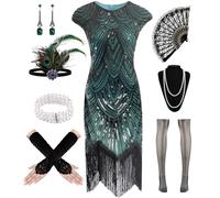WILDPARTY 1920s Women's Flapper Dresses Sequin Fringe Beaded Cocktail Crew Neck Dress Roaring 20s Vintage Accessories BlackGreen-XL