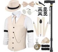 WILDPARTY 20s Costume Men's Vest with Accessories Braces, Crutch Pocket Watch Beard Beret Glasses Tie Clip for Mafia Costume 1920s Gangster Peaky Blinders Carnival Halloween Theme Party