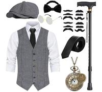 WILDPARTY 20s Costume Men's Vest with Accessories, Foldable Crutch Pocket Watch Beard Beret Glasses Tie for Mafia Costume 1920s Gangster Peaky Blinders Carnival Halloween Theme Party