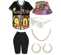 WILDPARTY 80s 90s Hip Hop Costume Outfit for Women Baseball Jersey Shirt Yoga Pants Bucket Hat Gold Chain Rapper Accessories 1990s 1980s Neon Clothes Retro Party Pattern-H 2XL