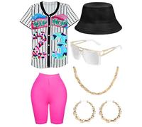 WILDPARTY 80s 90s Hip Hop Costume Outfit for Women Baseball Jersey Shirt Yoga Pants Bucket Hat Gold Chain Rapper Accessories 1990s 1980s Neon Clothes Retro Party WhitePink L