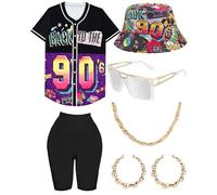 WILDPARTY 80s 90s Hip Hop Costume Outfit for Women Baseball Jersey Shirt Yoga Pants Bucket Hat Gold Chain Rapper Accessories 1990s 1980s Neon Clothes Retro Party Pattern-C M