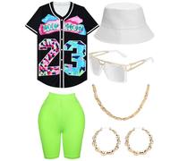 WILDPARTY 80s 90s Hip Hop Costume Outfit for Women Baseball Jersey Shirt Yoga Pants Bucket Hat Gold Chain Rapper Accessories 1990s 1980s Neon Clothes Retro Party BlackGreen M