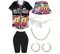 WILDPARTY 80s 90s Hip Hop Costume Outfit for Women Baseball Jersey Shirt Yoga Pants Bucket Hat Gold Chain Rapper Accessories 1990s 1980s Neon Clothes Retro Party Pattern-G XL