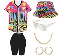 WILDPARTY 80s 90s Hip Hop Costume Outfit for Women Baseball Jersey Shirt Yoga Pants Bucket Hat Gold Chain Rapper Accessories 1990s 1980s Neon Clothes Retro Party Pattern-N M