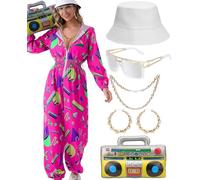 WILDPARTY 80s 90s Outfit Jumpsuit Women's Tracksuit Overall Hoodie, Jogging Suit with Inflatable Ghetto Blaster Hat Glasses Necklace Earrings Carnival Fancy Dress Theme Party Costume, Pink-b, XL