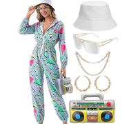 WILDPARTY 80s 90s Outfit Jumpsuit Women's Tracksuit Overall Hoodie, Jogging Suit with Inflatable Ghetto Blaster Hat Glasses Necklace Earrings Carnival Fancy Dress Theme Party Costume, Green, XL