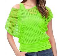 WILDPARTY 80s Fancy Dress Fishnet Top for Women, Tank Top Off The Shoulder T-shirt 1980s Retro Theme Party Costume Accessories Cosplay