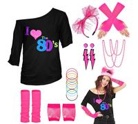 WILDPARTY 80s Fancy Dress For Women, I Love 80s T-Shirt, Leg Warmers, Necklace, Fishnet Gloves, Earrings, 1980s Costumes Neon Accessories for Retro Theme Party Cosplay