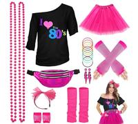 WILDPARTY 80s Fancy Dress For Women, I Love 80s T-Shirt, Tutu Skirt, Leg Warmers, Necklace, Fishnet Gloves, Earrings, Neon Costumes Accessories for Retro Theme Party Cosplay