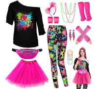 WILDPARTY 80s Fancy Dress For Women, I Love 80s T-shirt, Tutu Skirt, Leggings, Leg Warmers, Necklace, Fishnet Gloves, Neon Costumes Accessories for Retro Theme Party Cosplay