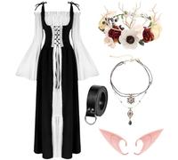 WILDPARTY Renaissance Dresses Medieval Costume for Women Flower Crown Elf Ear Choker Necklace Leather Belt Fairy BlackWhite-XL