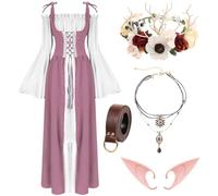 WILDPARTY Renaissance Dresses Medieval Costume for Women Flower Crown Elf Ear Choker Necklace Leather Belt Fairy PinkWhite-2XL