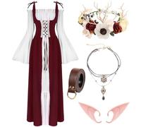 WILDPARTY Renaissance Dresses Medieval Costume for Women Flower Crown Elf Ear Choker Necklace Leather Belt Fairy RedWhite-2XL