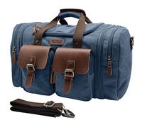 Wildroad 50L Travel Duffel Bag, Expandable Canvas Genuine Leather Duffle Bag Upgraded Overnight Weekender Carry on Bag, Navy Blue, Large-50L, Classic