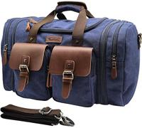 Wildroad 50L Travel Duffel Bag, Expandable Canvas Genuine Leather Duffle Bag Upgraded Overnight Weekender Bag Carry on Bag, Blue, X Large-60L, Classic
