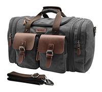 Wildroad 50L Travel Duffel Bag, Expandable Canvas Genuine Leather Duffle Bag Upgraded Overnight Weekender Bag Carry on Bag, Black, X Large-60L, Classic