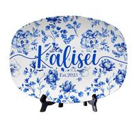 WILINNI Personalised Blue and White Decor Plate Custom Name Funny Sweet Home Plates Gifts for Mom Dad Family Mother's Day Birthday Xmas (Style 14)