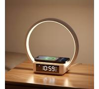 WILIT LED Bedside Lamp with Wireless Charging Function, Light Alarm Clock Table Lamp Touch Dimmable with 3 Brightness Levels, Warm Night Light with 5 W Wireless Charger for Bedroom, Wood and White