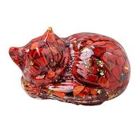 Wilitto Desktop Kitten Figurine Desk Cat Ornament Natural Stone Sleeping Hand-carved Animal Statue for Positive Healing Energy Colorful Red