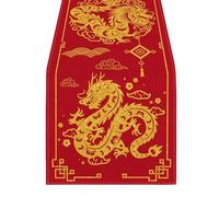 Wilitto Dragon Motif Table Runner Traditional Chinese Flag Lunar New Year Print Thick Foldable Fabric Firm Stitching Sequin Detailing Happy Decoration Red