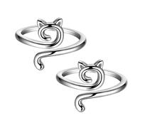 Wilitto Finger Decoration Ring 2 Pcs Women Open Rings Adjustable Hollow Cat Head Shape Smooth Polished Retro Daily Knuckle Lady Silver