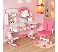 Wilitto Kids Desk and Chair Set,Height Adjustable School Study Desk and Chair Study Table Chair Set with Astronaut Pattern, Ergonomic Desk Chair with Large Writing Board, Bookshelf and Drawer Pink