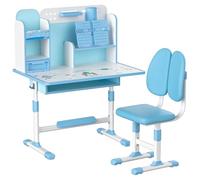 Wilitto Kids Functional Desk and Chair Set Kids Adjustable Study Desk & Chair Widened Desktop Cartoon Pattern Desk Chair with Sitting Corrector, Ergonomic Desk Chair with Book Stand,Foot Pedal Blue