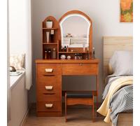 Wilitto Makeup Vanity Desk with Mirror and LED Lights,Makeup Dressing Table Set with 4 Drawers and Opening Shelves Chair and Power Outlet Vanity Table Set for Women Girls Bedroom Bathroom Wooden Colo