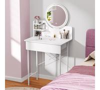 Wilitto Vanity Desk with Mirror and Lights,Vanity Table with 1 Drawer and 2 Opening Shelves, Bedroom Dressing Table, 3 Modes Brightness Adjustable Gift for Girls, Bedroom Small Space White
