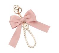 Wilitto Wallet Keychain Fabric Decoration Girl Wrist Lanyard Bowknot Decor Faux Pearl Convenient Key Holder Home Office Decorative Bag Pink