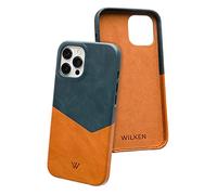 Wilken Leather Slim Phone Case Compatible with iPhone 14 | Compatible with MagSafe & Wireless Charging | Premium Top-Grain Leather Cover with Metal Buttons (14, Tan/Blue)