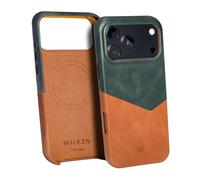 Wilken Leather Slim Phone Case Compatible with iPhone 17 Pro Max | Compatible with MagSafe & Wireless Charging | Premium Top-Grain Leather Cover with Metal Buttons (17 Pro Max, Tan/Blue, Open Camera)