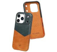 WILKEN Leather Slim Phone Case Compatible with iPhone 17 Pro Max | Compatible with MagSafe & Wireless Charging | Premium Top-Grain Leather Cover with Metal Buttons (17 Pro Max, TanBlue, Closed Camera)