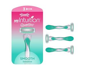 Wilkinson myIntuition Smooth Sensitive Quattro Women’s Disposable Razors, Hair Removal, Touch of Aloe Vera, Shavers for Routine Grooming, 3 Pack